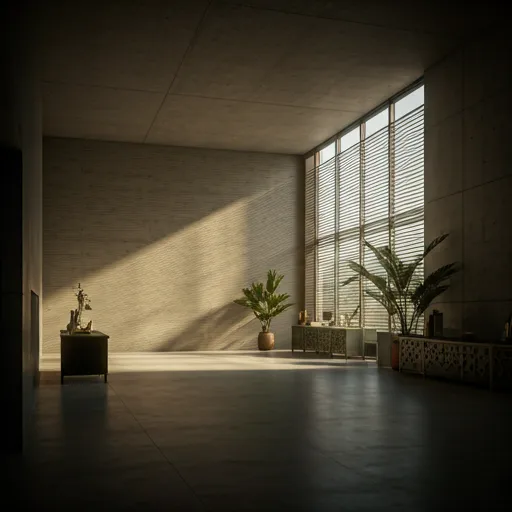 Intérieur architectural d'un centre de recherche moderne en Afrique de l'Ouest, baigné d'une lumière dorée